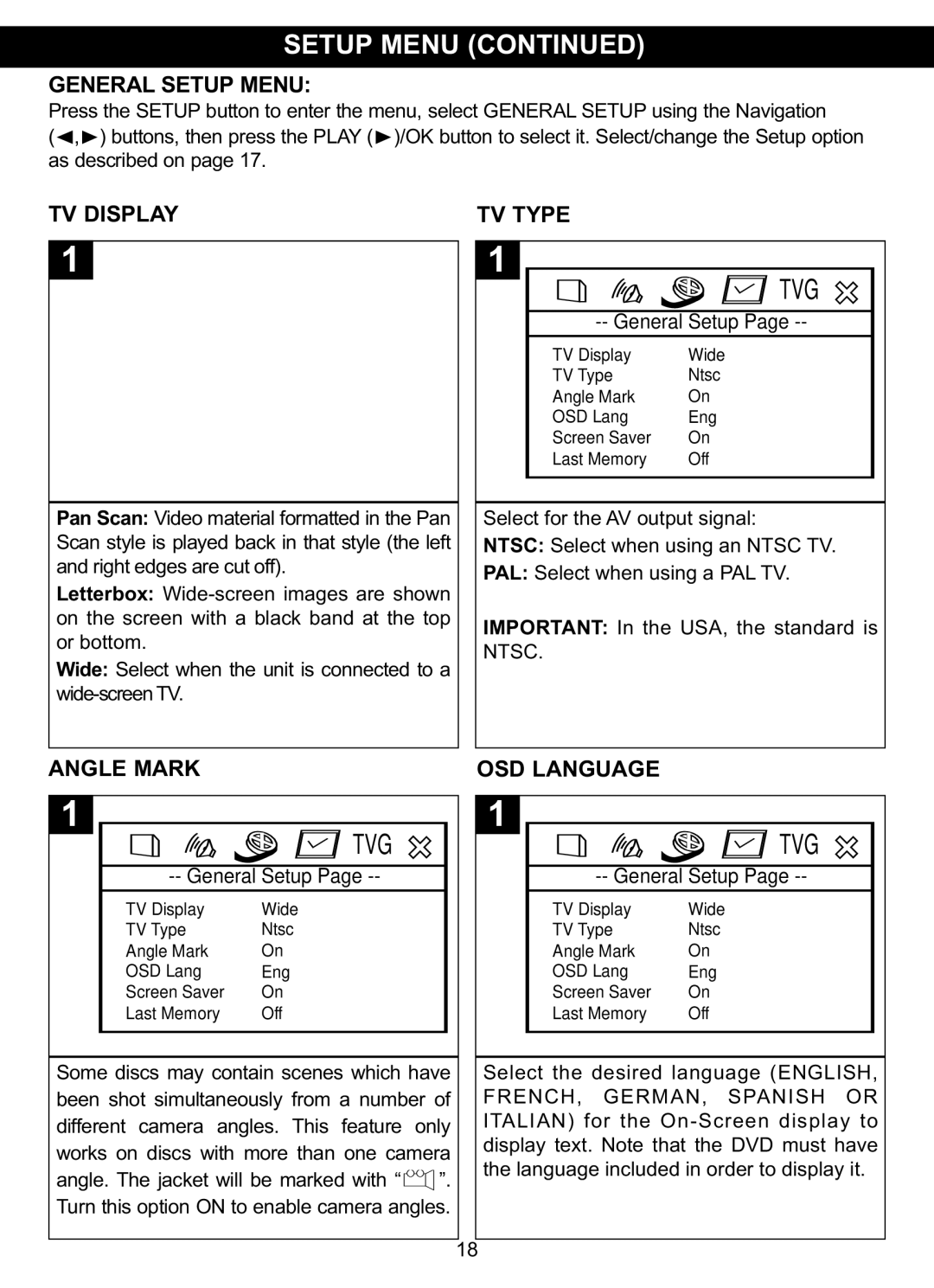 Memorex MVDP1085 manual General Setup Menu, TV Display TV Type, Angle Mark OSD Language, Ntsc, FRENCH, GERMAN, Spanish or 