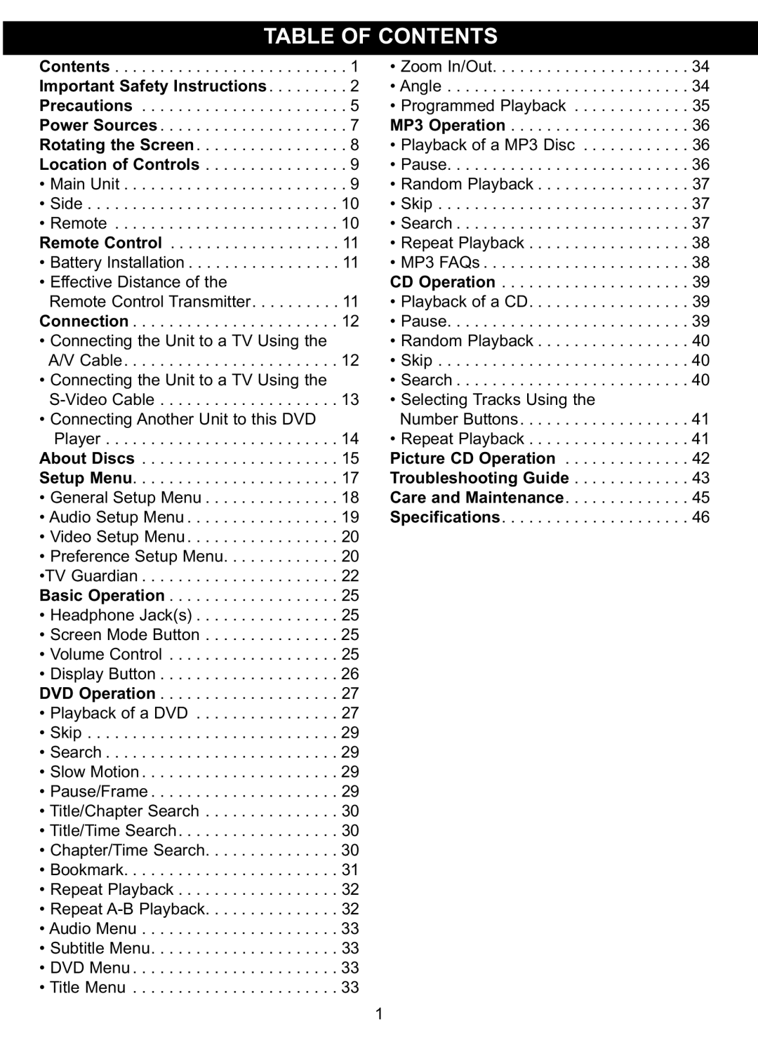 Memorex MVDP1085 manual Table of Contents 