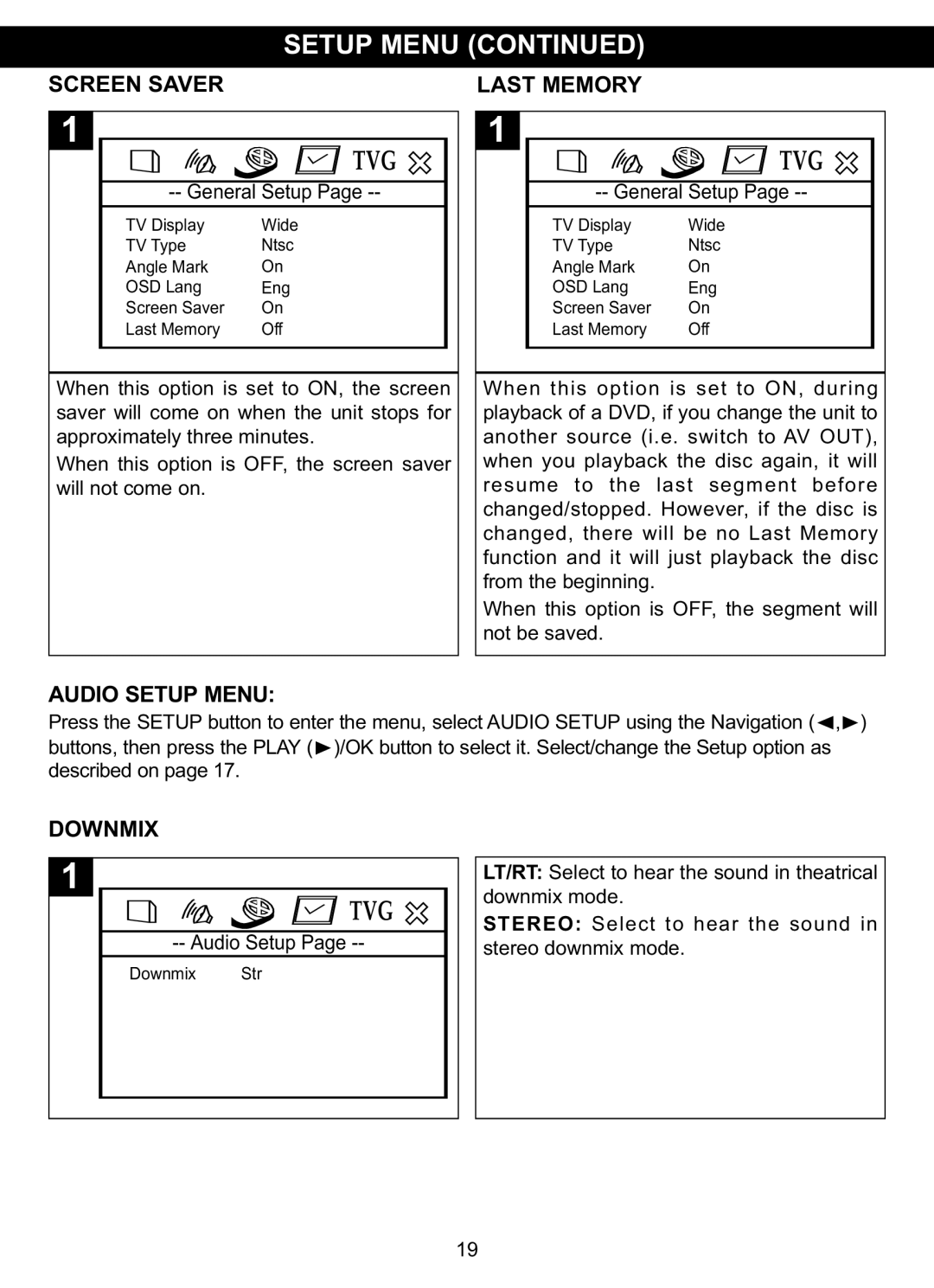 Memorex MVDP1085 manual Screen Saver, Last Memory, Audio Setup Menu, Downmix 