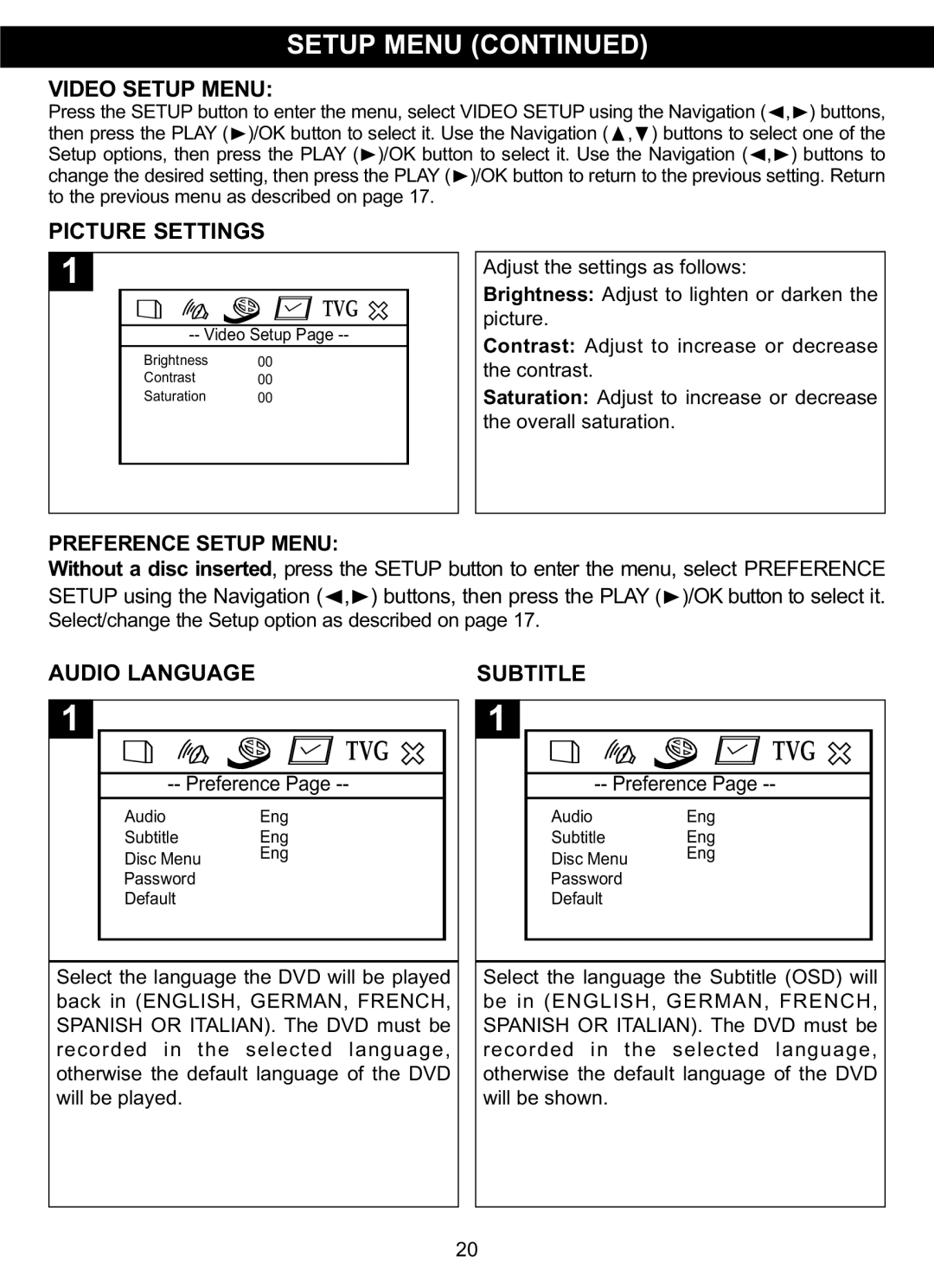 Memorex MVDP1085 manual Video Setup Menu, Picture Settings, Preference Setup Menu, Audio Language, Subtitle 