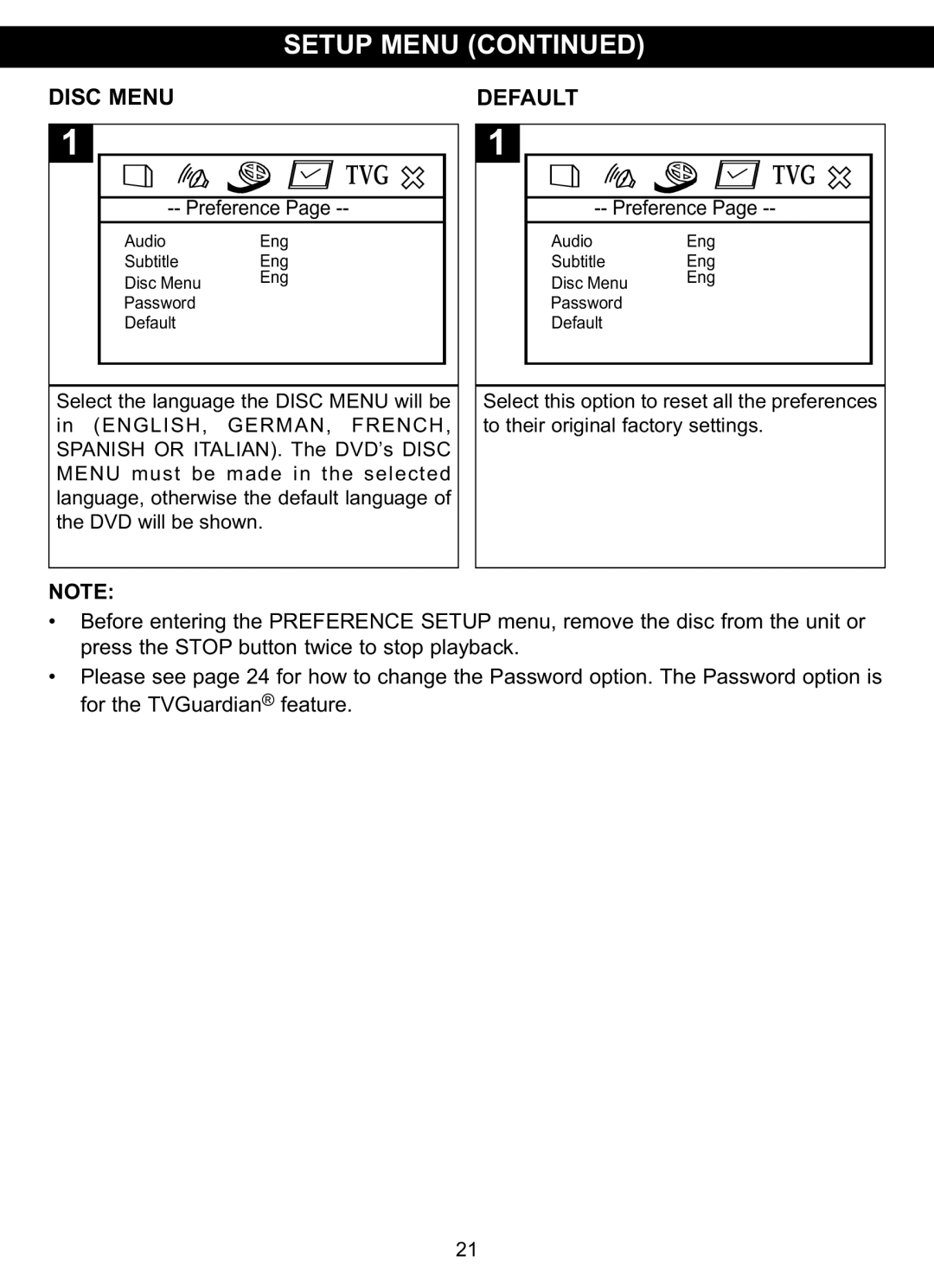 Memorex MVDP1085 manual Disc Menu Default, GERMAN, French 