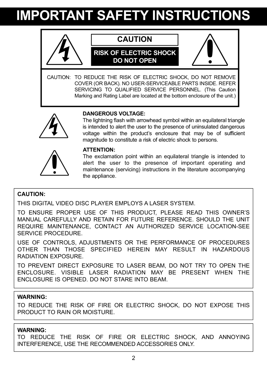 Memorex MVDP1085 manual Important Safety Instructions, Risk of Electric Shock Do not Open 