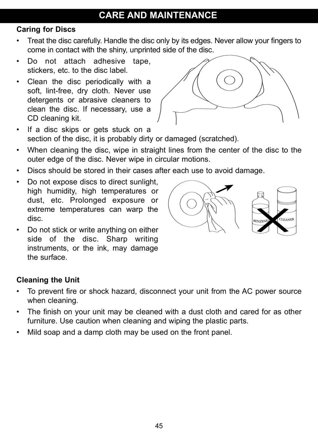 Memorex MVDP1085 manual Caring for Discs 