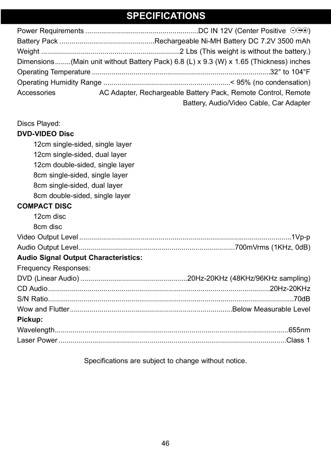 Memorex MVDP1085 manual Specifications, Compact Disc 