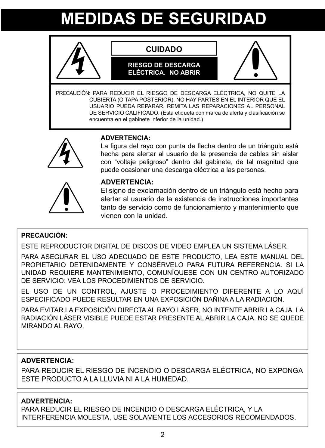 Memorex MVDP1085 manual Cuidado, Advertencia 