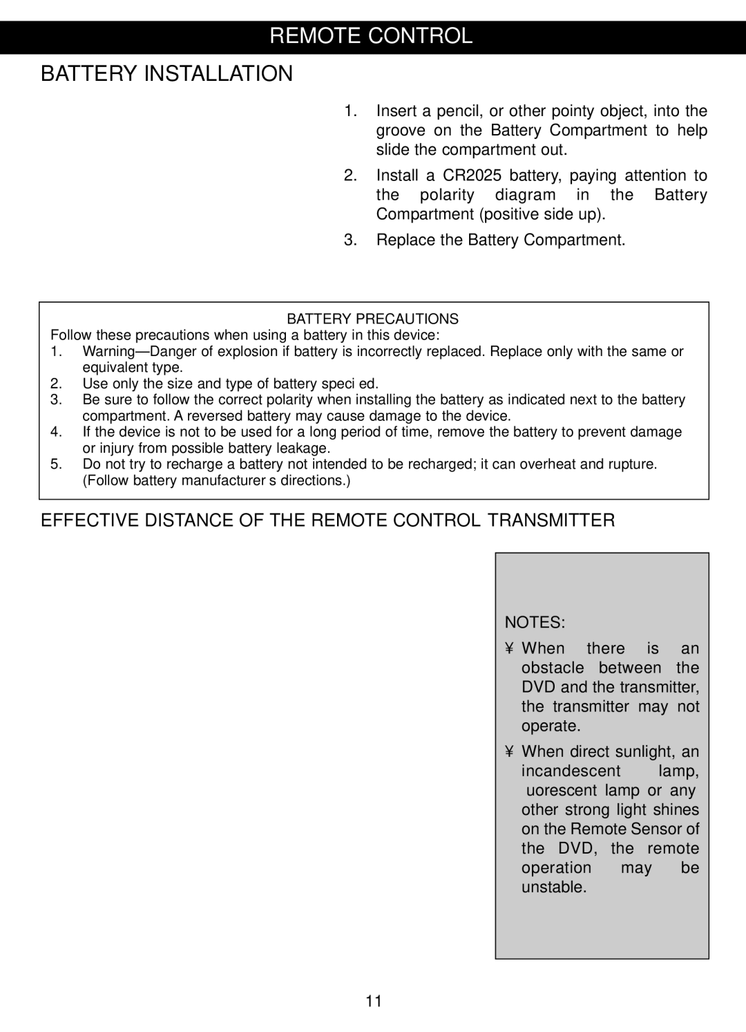 Memorex MVDP1088 manual Effective Distance of the Remote Control Transmitter 