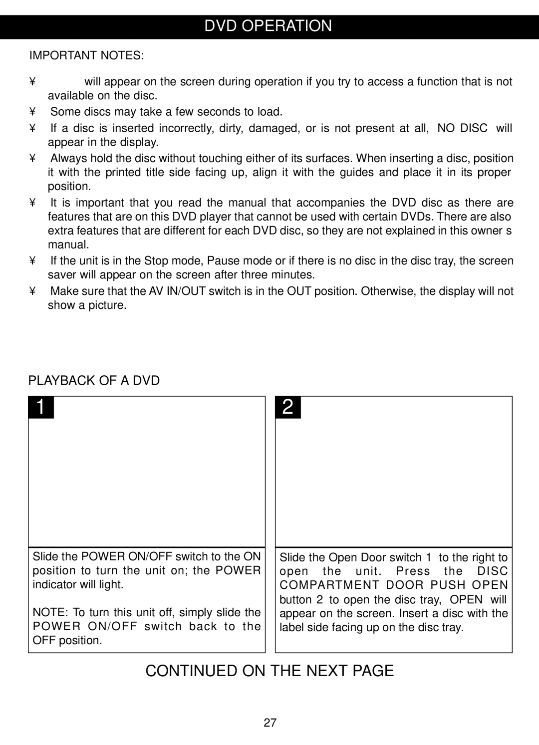 Memorex MVDP1088 manual DVD Operation, Playback of a DVD, Important Notes 