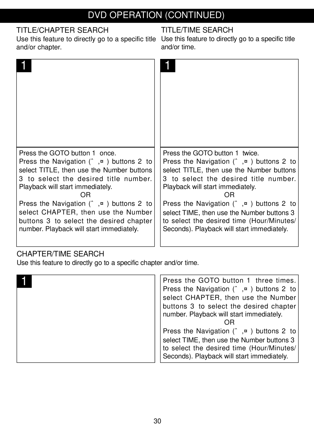 Memorex MVDP1088 manual TITLE/CHAPTER Search TITLE/TIME Search, CHAPTER/TIME Search 