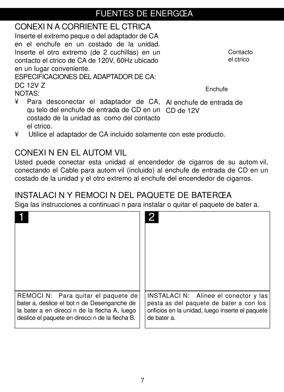 Memorex MVDP1088 manual Fuentes DE Energía, Especificaciones DEL Adaptador DE CA, Notasz 