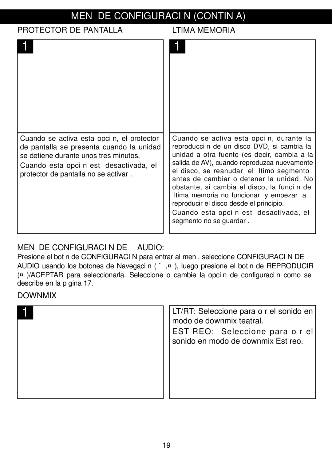 Memorex MVDP1088 Menú DE Configuración Continúa, Protector DE Pantalla Última Memoria, Menú DE Configuración DE Audio 