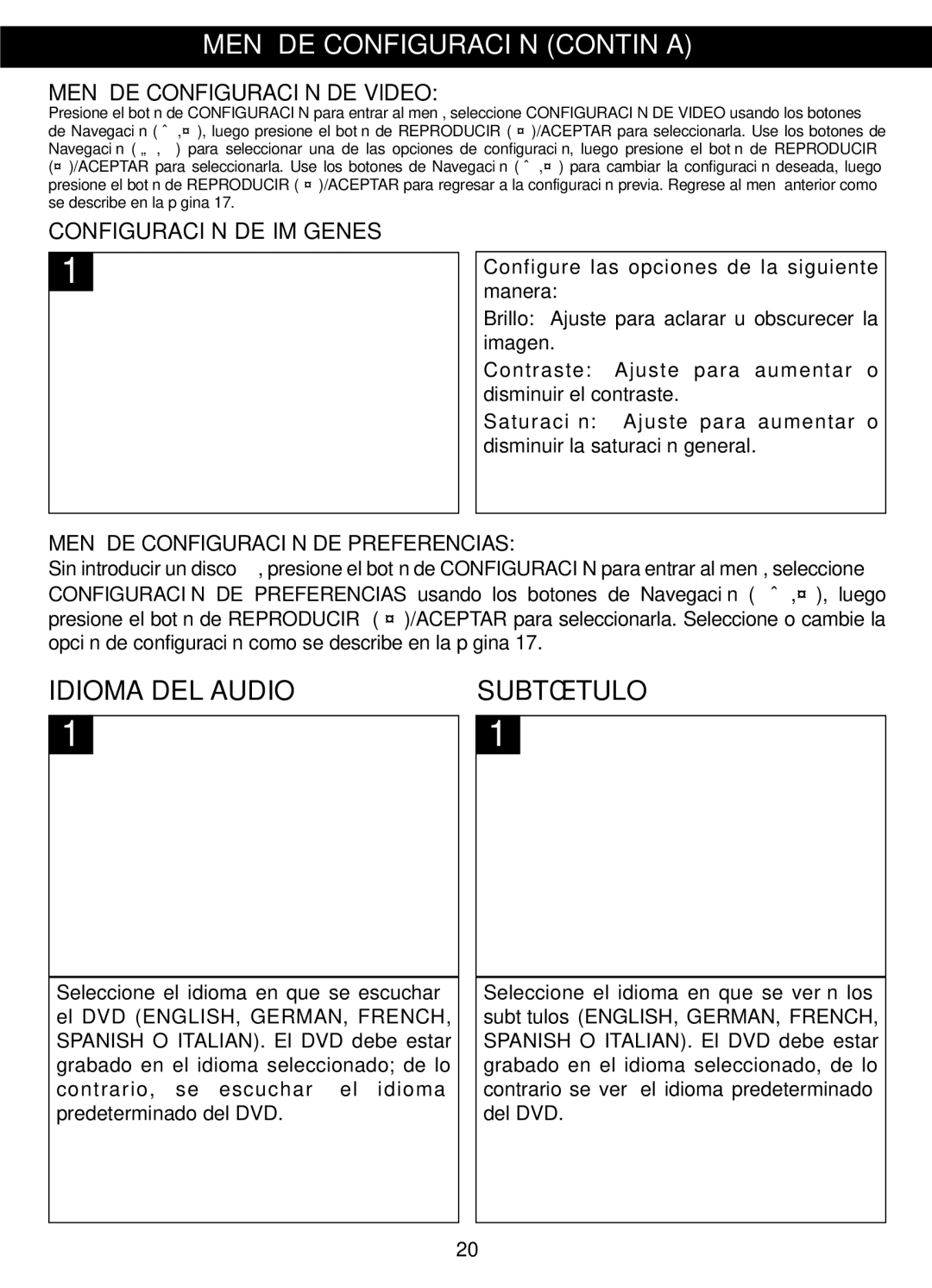 Memorex MVDP1088 manual Opción de configuración como se describe en la página, Prefere nce Page -- TVG 