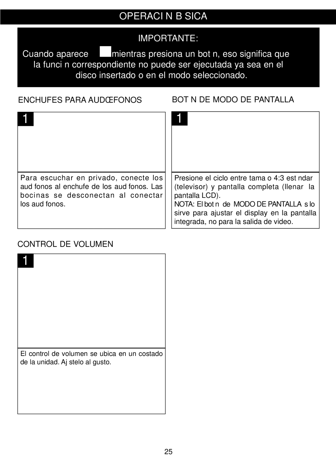 Memorex MVDP1088 manual Operación Básica, Enchufes Para Audífonos, Botón DE Modo DE Pantalla, Control DE Volumen 