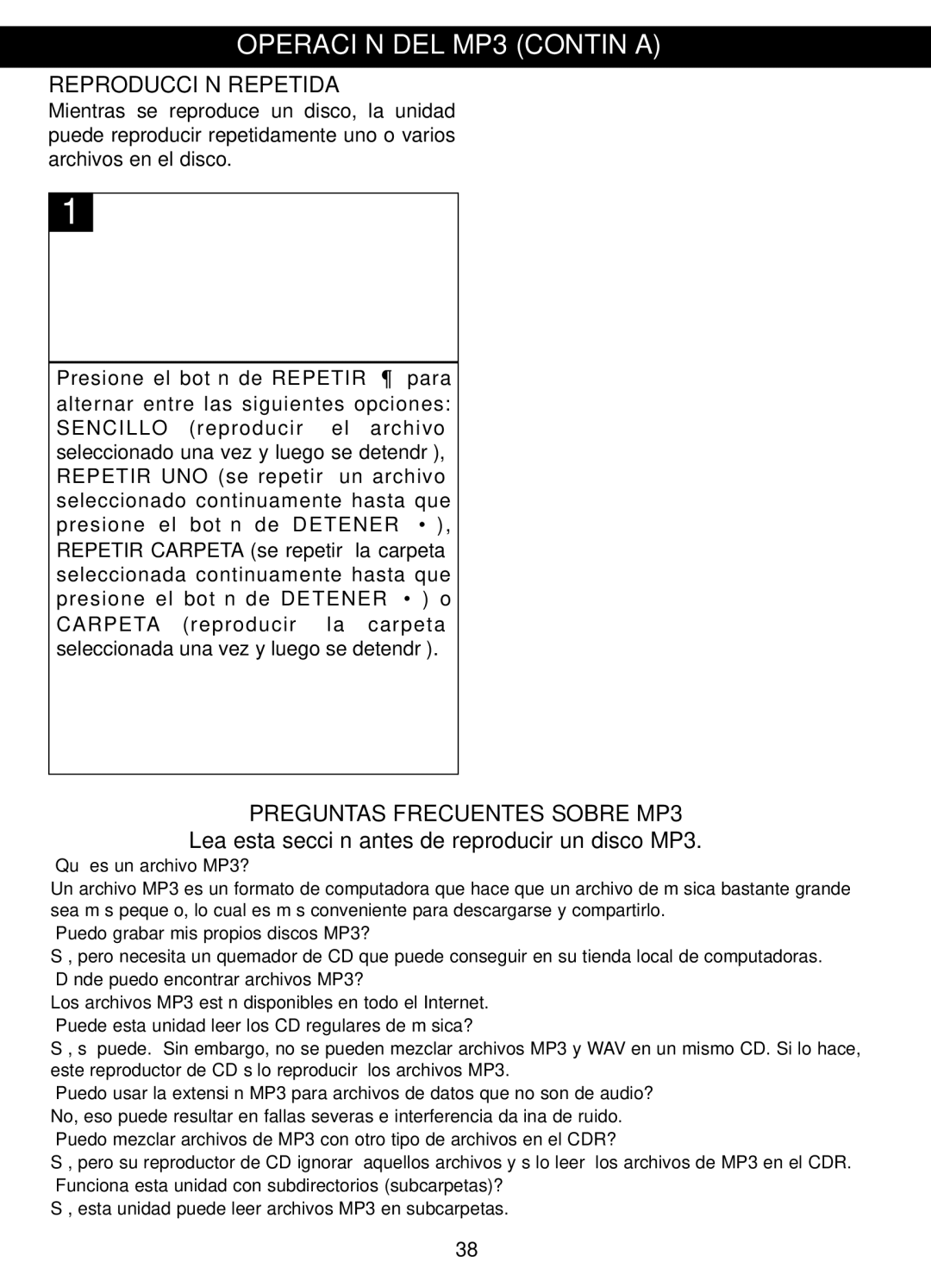 Memorex MVDP1088 manual Reproducción Repetida, Preguntas Frecuentes Sobre MP3, Sencillo, Carpeta 