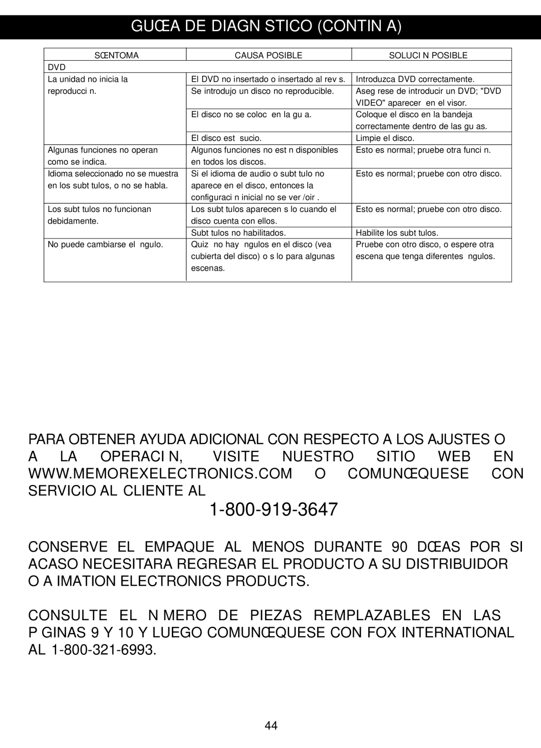 Memorex MVDP1088 manual Guía DE Diagnóstico Continúa, DVD Síntoma Causa Posible Solución Posible 