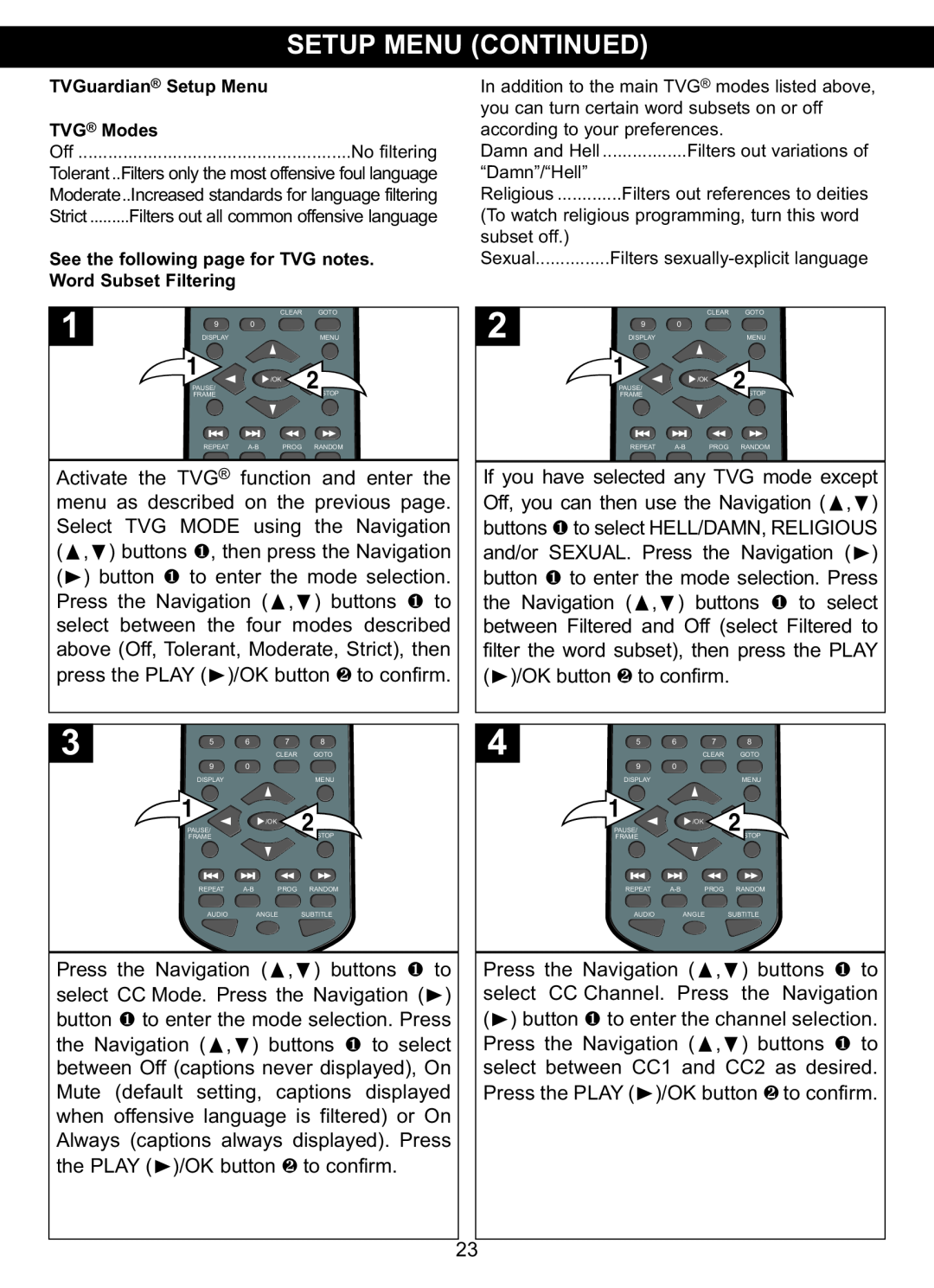 Memorex MVDP1088 manual Setup Menu Continued, TVG Modes, See the following page for TVG notes 