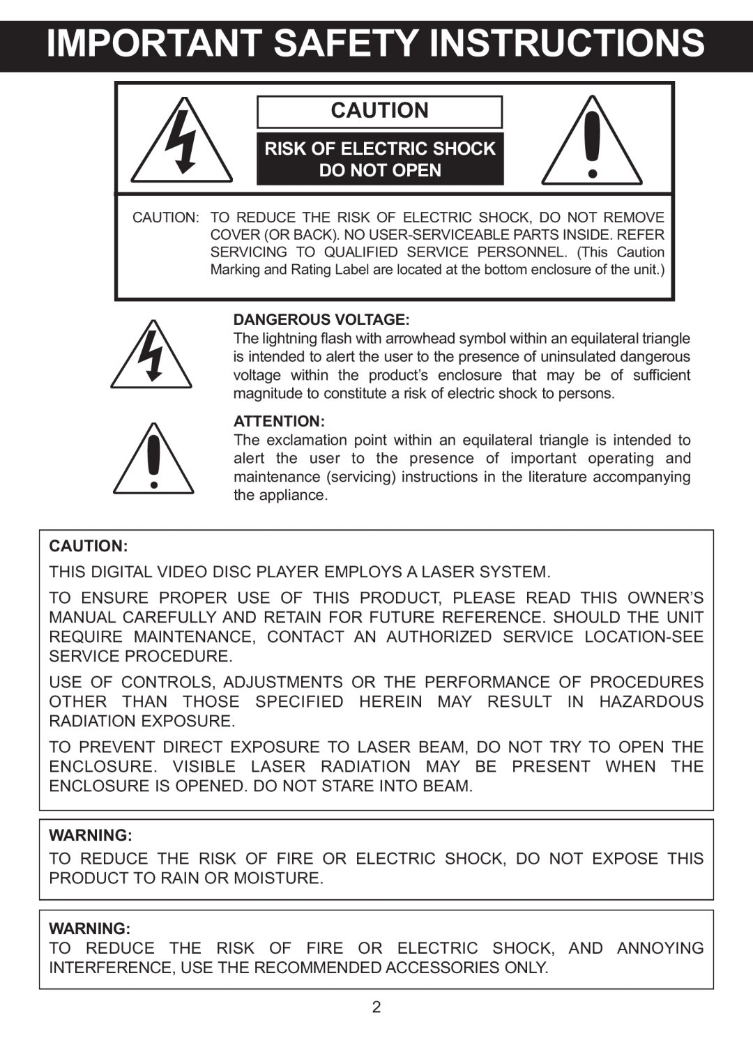 Memorex MVDP1088 manual Important Safety Instructions, Risk Of Electric Shock Do Not Open 