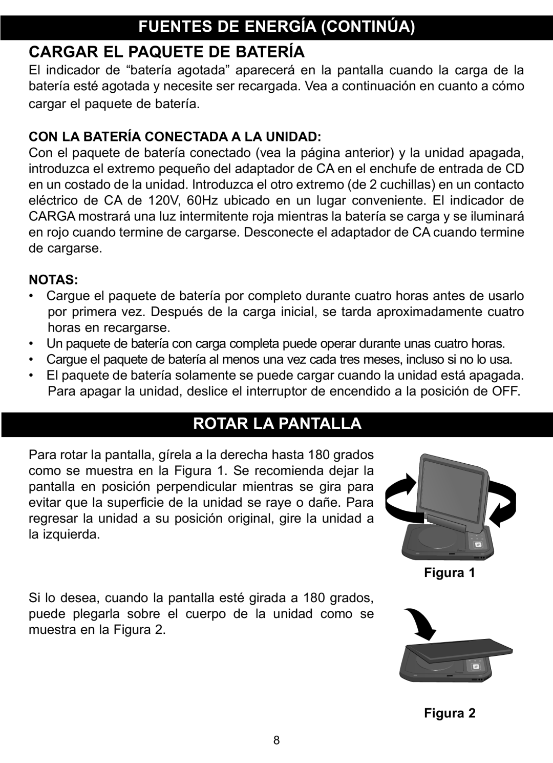 Memorex MVDP1088 manual Fuentes De Energía Continúa Cargar El Paquete De Batería, Rotar La Pantalla, Notas, Figura Figura 