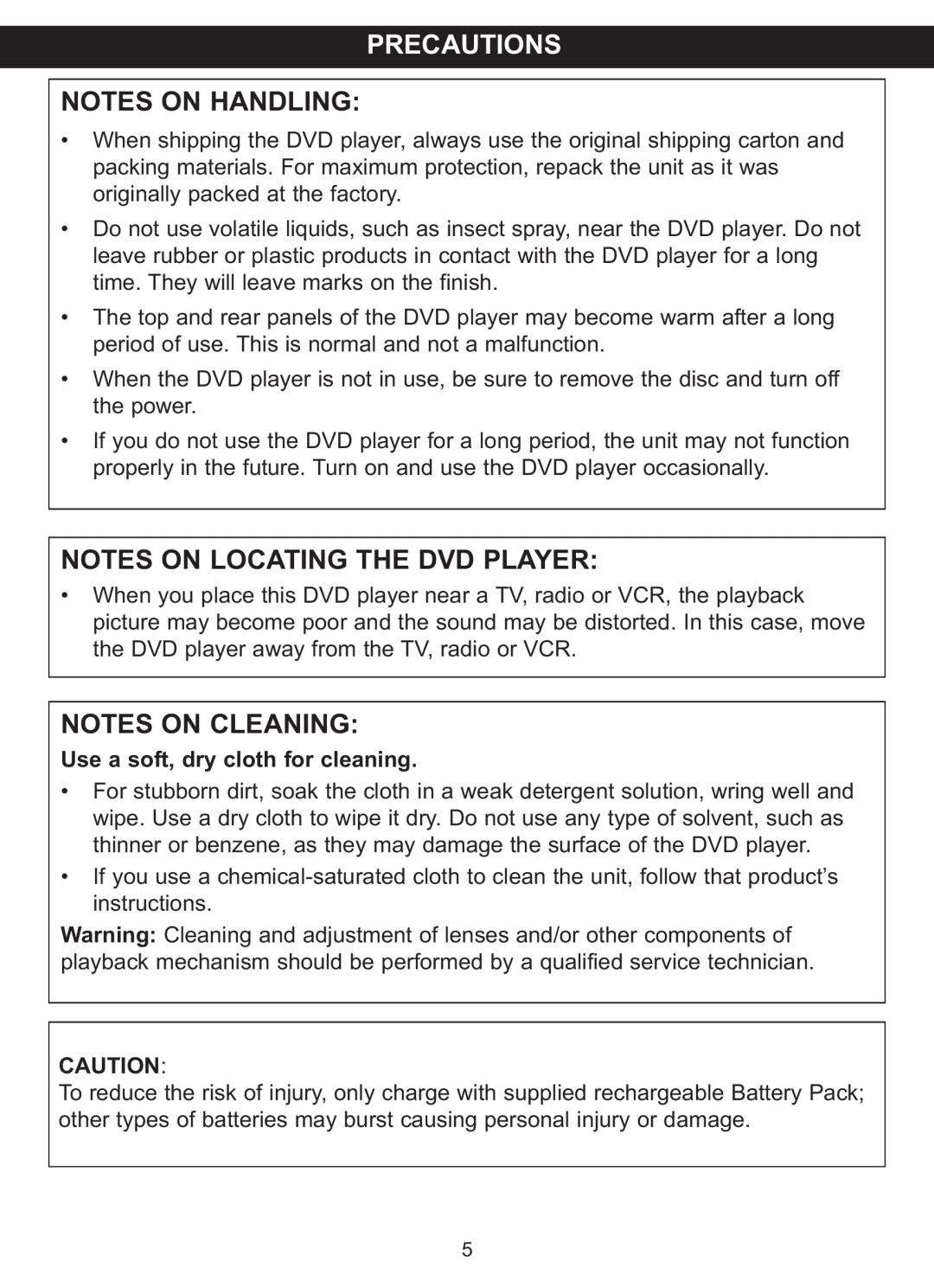Memorex MVDP1088 manual Precautions, Notes On Handling, Notes On Locating The Dvd Player, Notes On Cleaning 