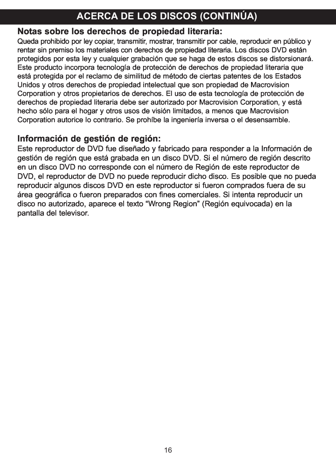 Memorex MVDP1088 manual Información de gestión de región 