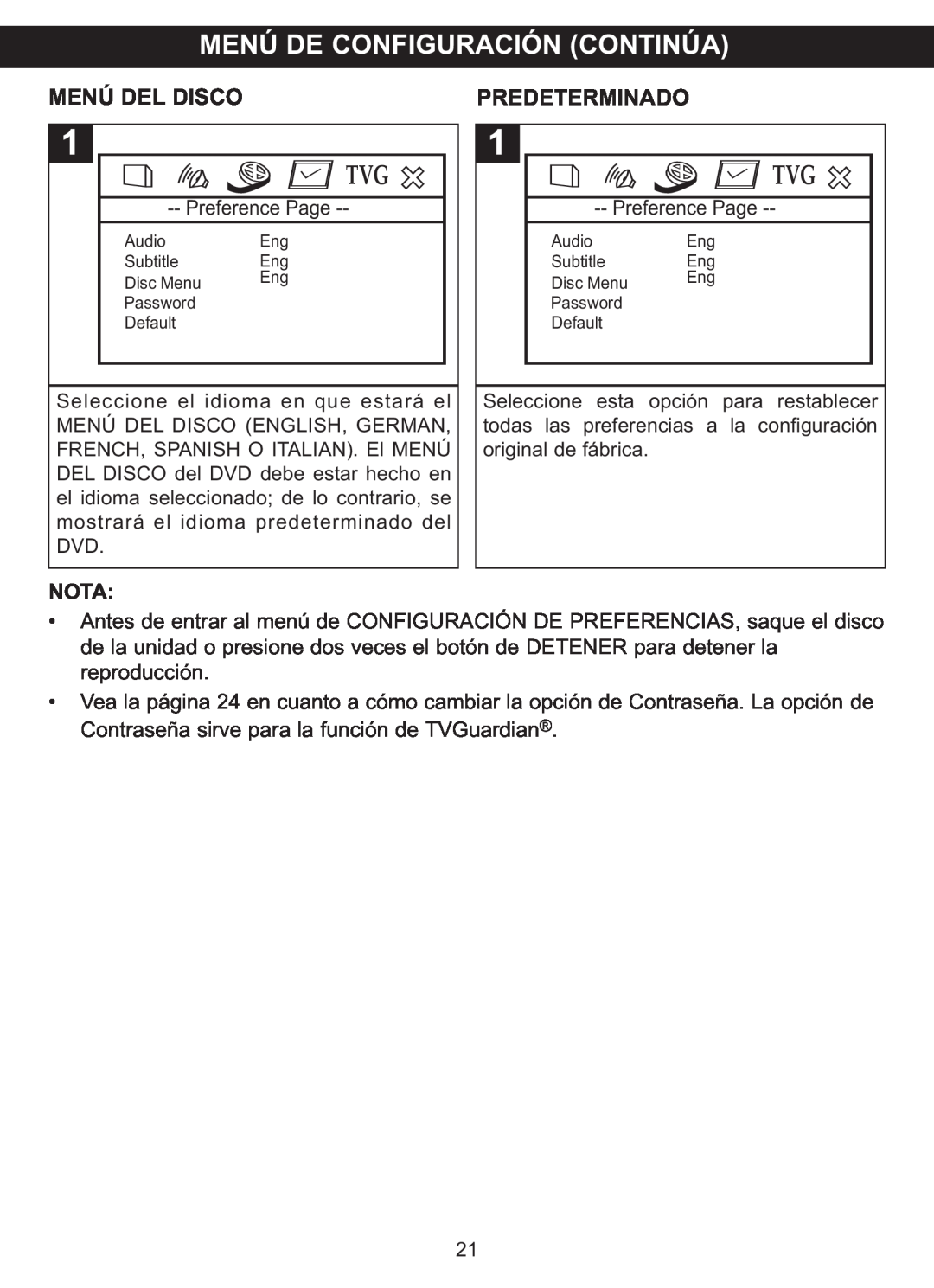 Memorex MVDP1088 manual Menú De Configuración Continúa, Menú Del Disco, Predeterminado, Nota 