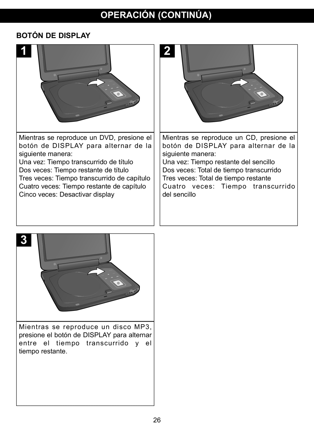 Memorex MVDP1088 manual Operación Continúa, Botón De Display 
