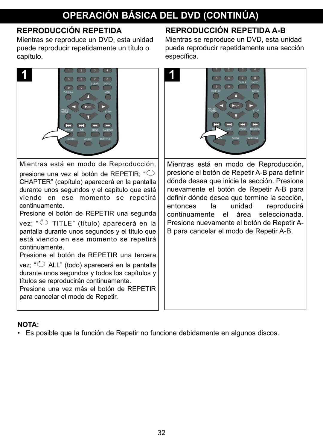 Memorex MVDP1088 manual Operación Básica Del Dvd Continúa, Reproducción Repetida A-B 
