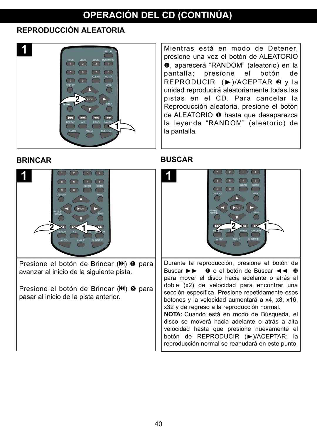 Memorex MVDP1088 manual Operación Del Cd Continúa, Reproducción Aleatoria, Brincar, Buscar 