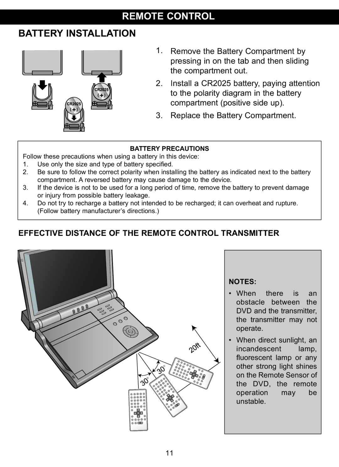 Memorex MVDP1101 manual Effective Distance of the Remote Control Transmitter 