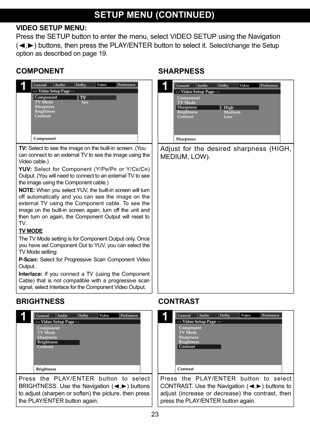 Memorex MVDP1101 manual Video Setup Menu Setup Menu, Sharpness, Contrast 