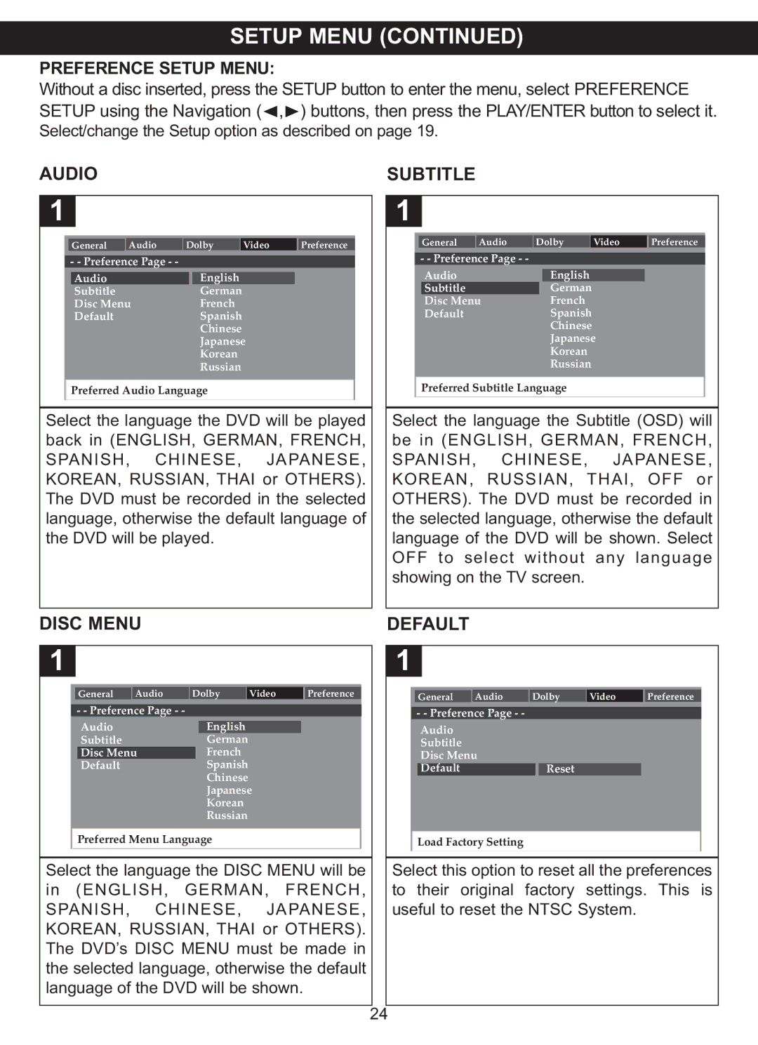 Memorex MVDP1101 manual Preference Setup Menu, Audio Subtitle 