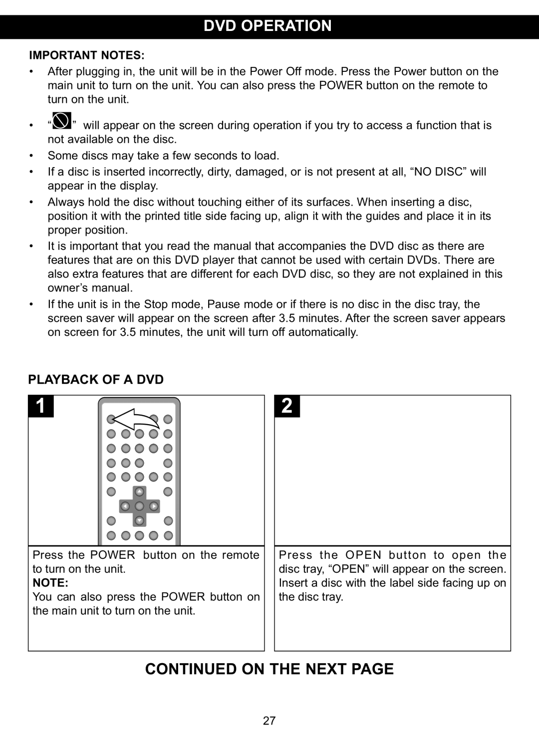 Memorex MVDP1101 manual DVD Operation, Playback of a DVD 