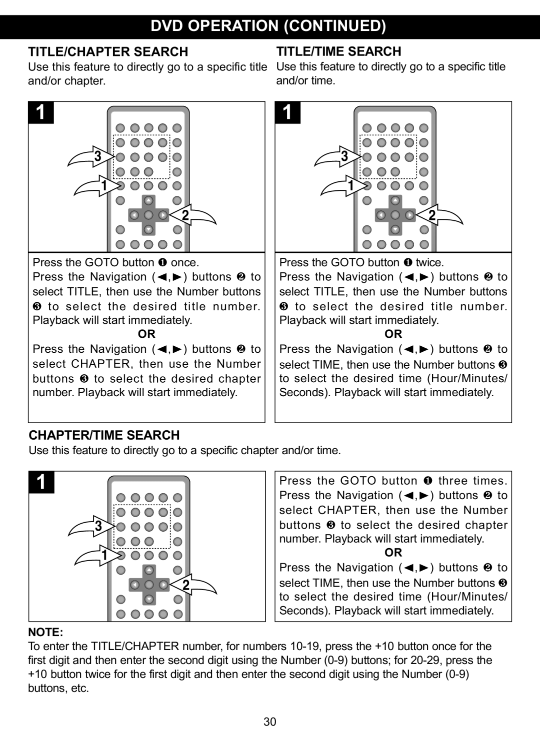 Memorex MVDP1101 manual TITLE/CHAPTER Search TITLE/TIME Search, CHAPTER/TIME Search 