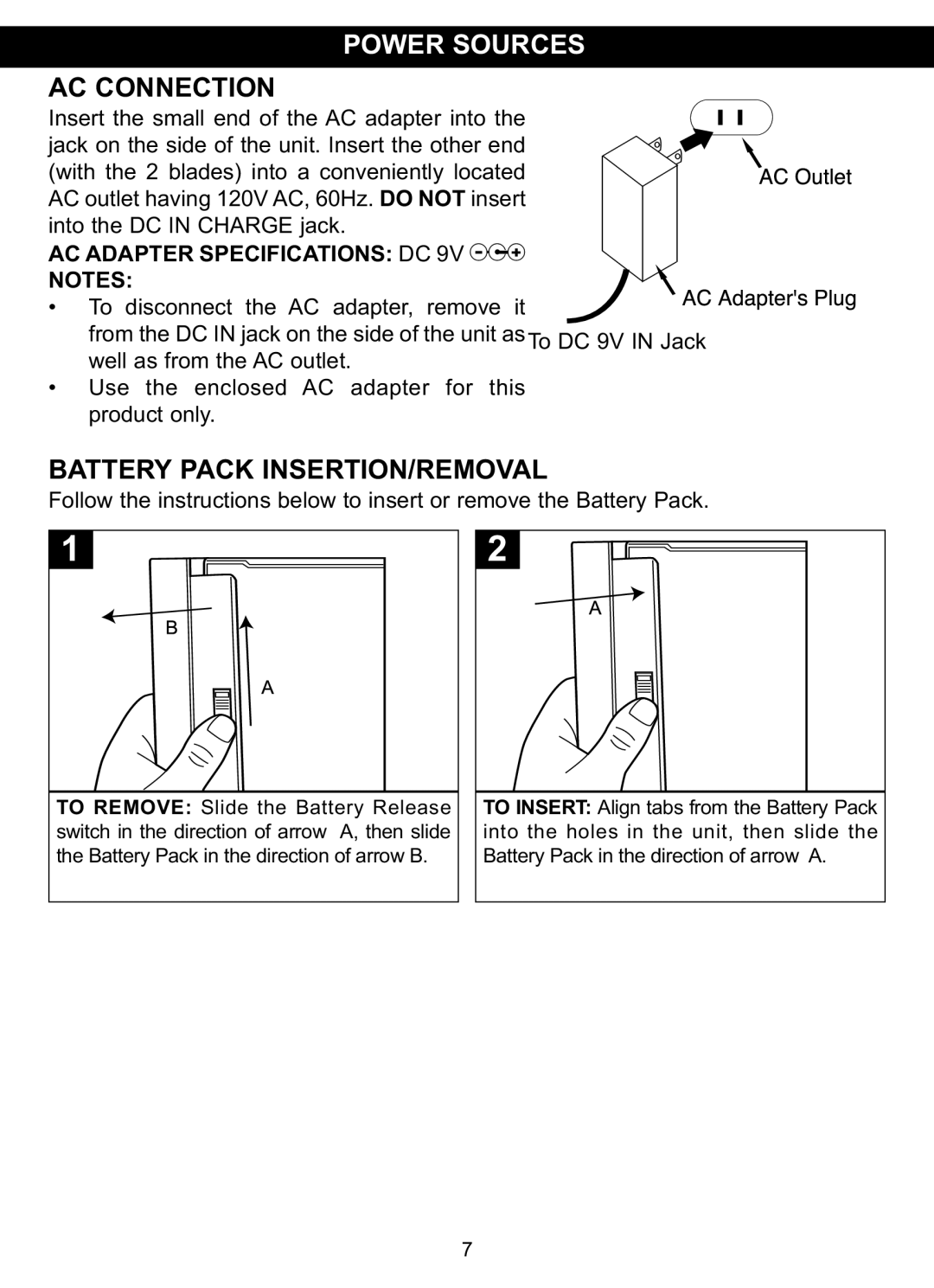 Memorex MVDP1101 manual Battery Pack INSERTION/REMOVAL, AC Adapter Specifications DC 9V Z 