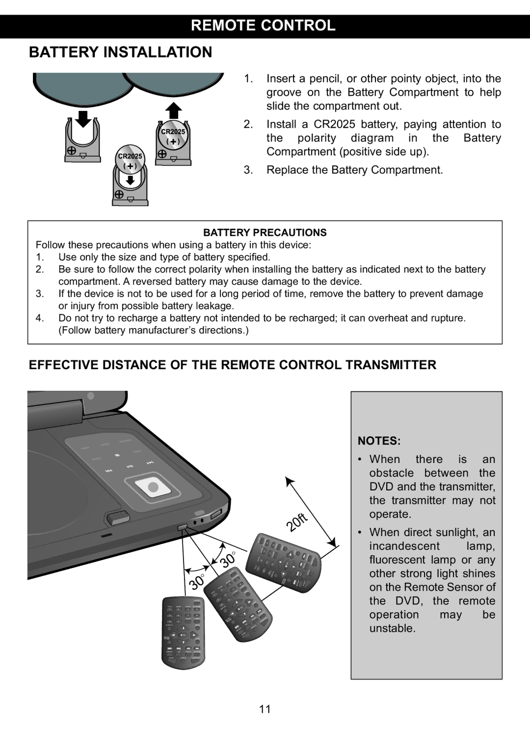 Memorex MVDP1102 manual Battery Installation, Effective Distance of the Remote Control Transmitter 