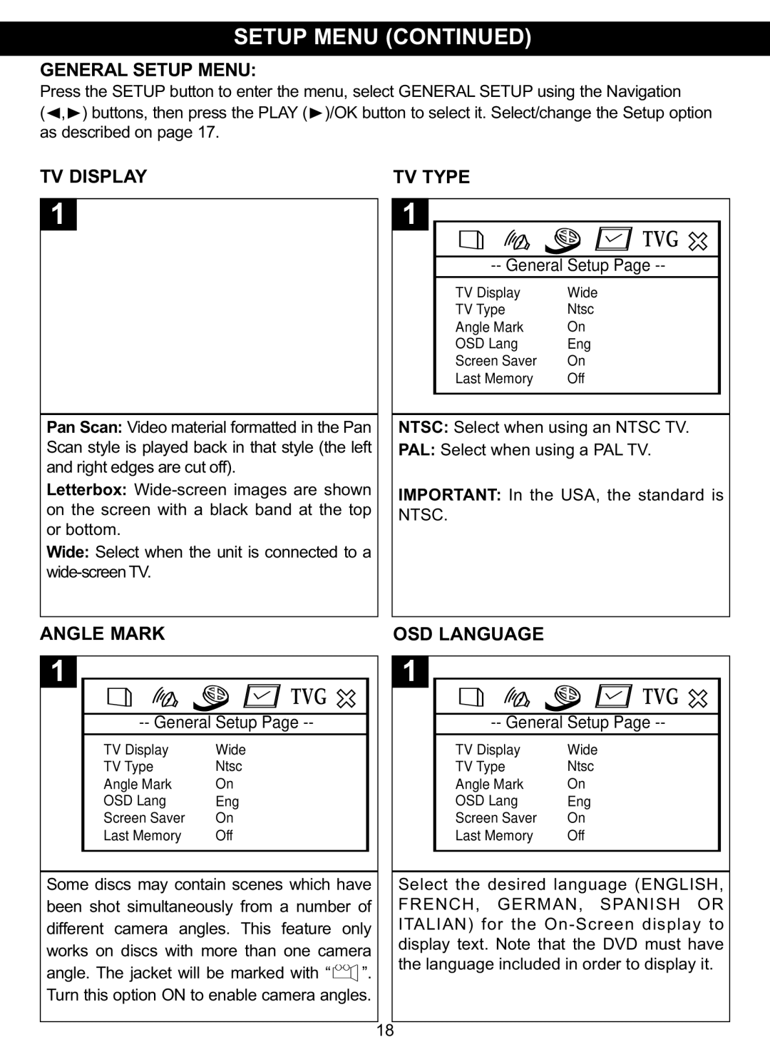 Memorex MVDP1102 manual General Setup Menu, TV Display TV Type, Angle Mark OSD Language, Ntsc, FRENCH, GERMAN, Spanish or 