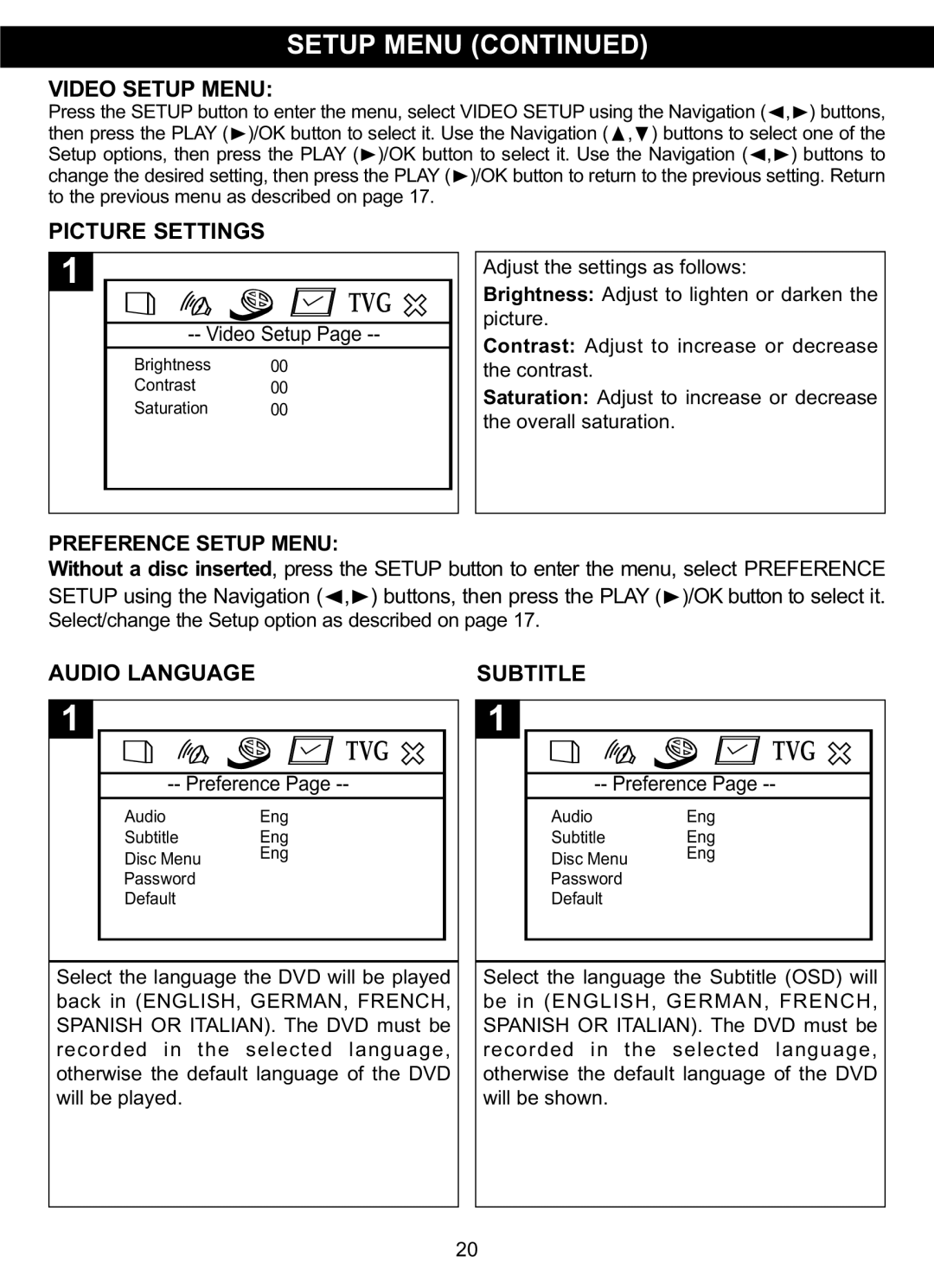 Memorex MVDP1102 manual Video Setup Menu, Picture Settings Preference Setup Menu, Audio Language, Subtitle 