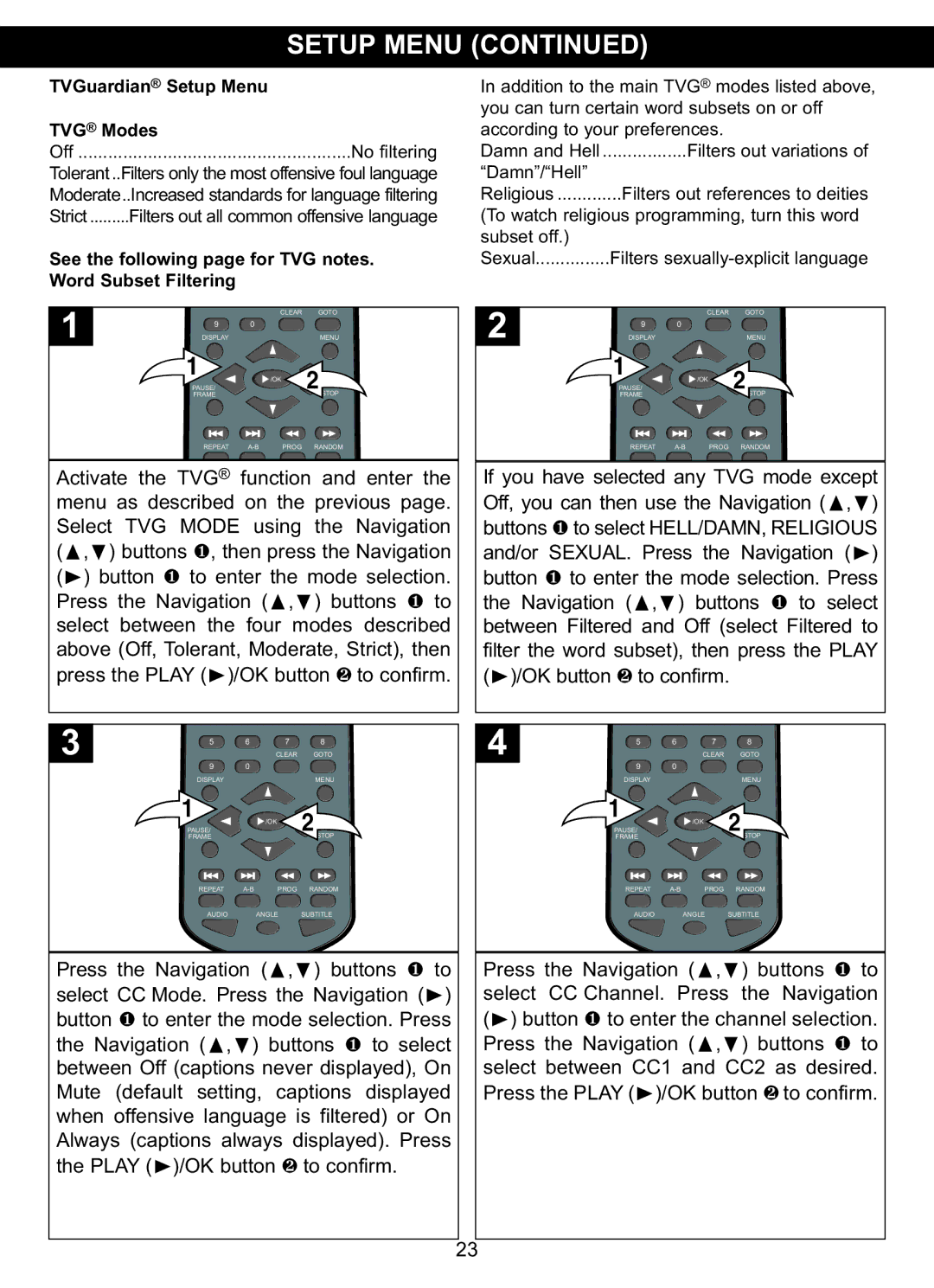 Memorex MVDP1102 manual TVG Modes 