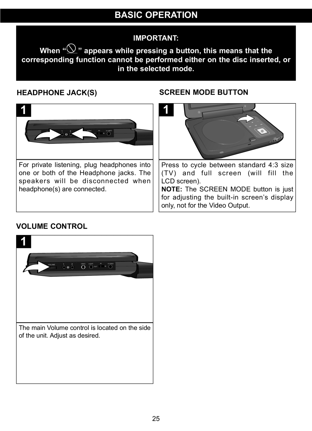 Memorex MVDP1102 manual Headphone Jacks Screen Mode Button, Volume Control 