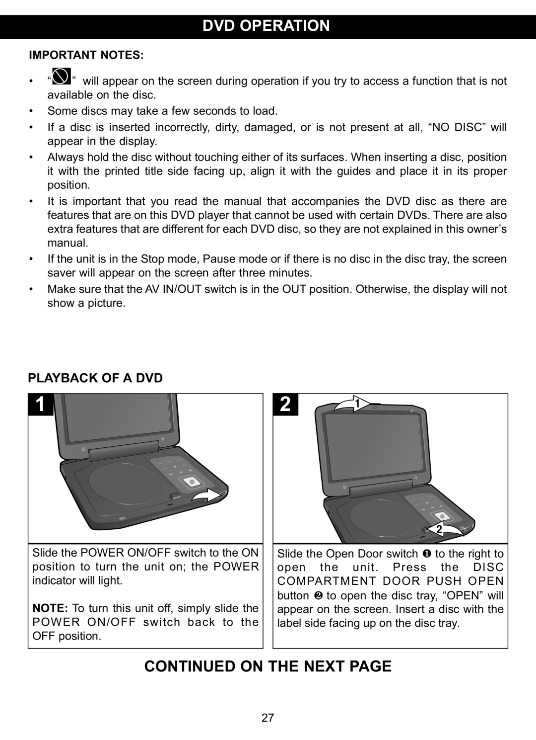 Memorex MVDP1102 manual DVD Operation, Playback of a DVD, Important Notes 