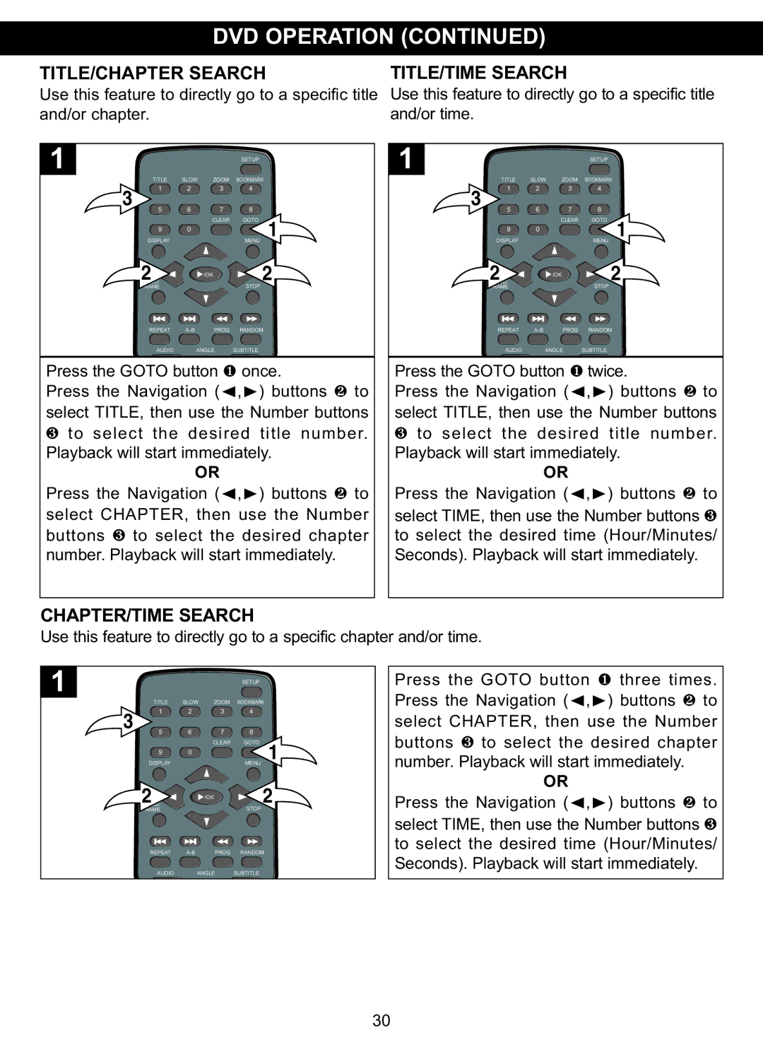 Memorex MVDP1102 manual TITLE/CHAPTER Search TITLE/TIME Search, CHAPTER/TIME Search 