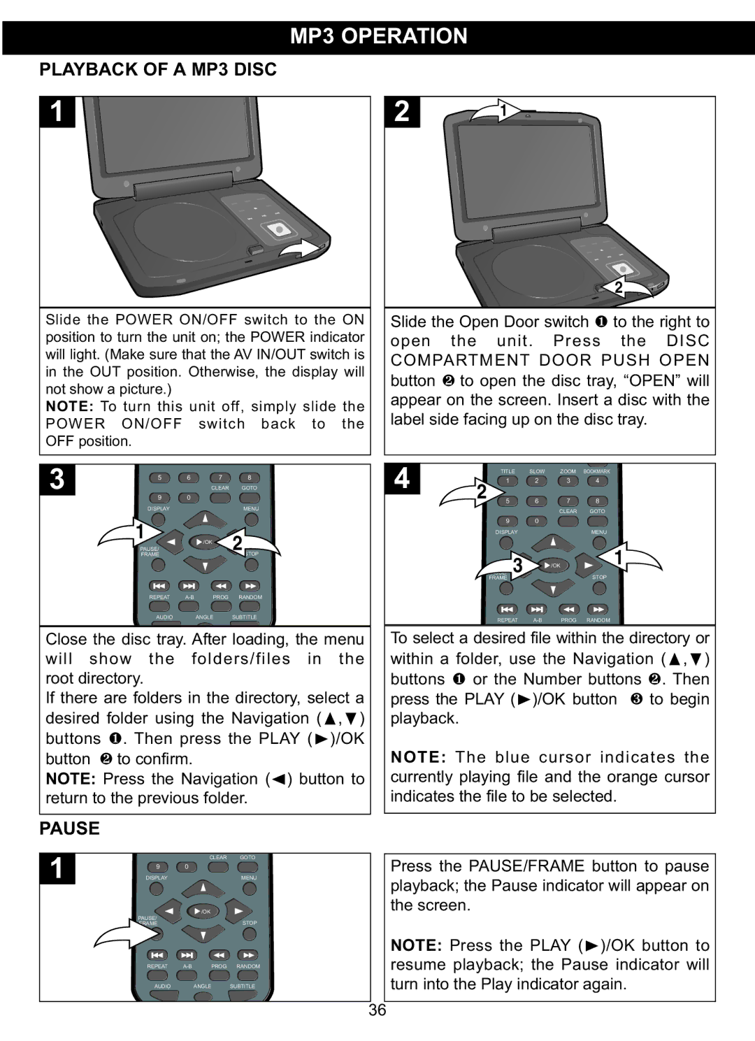 Memorex MVDP1102 manual Playback of a MP3 Disc, Pause, Compartment Door Push Open 