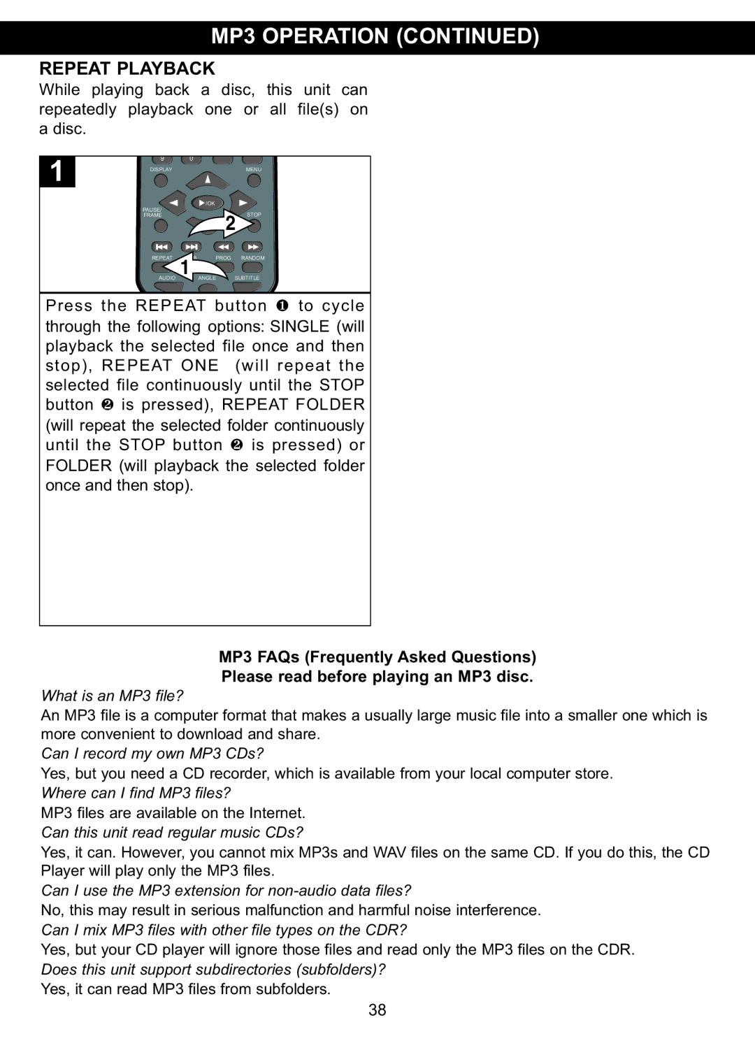 Memorex MVDP1102 manual Repeat PLAYBACKMP3 Operation, Please read before playing an MP3 disc 