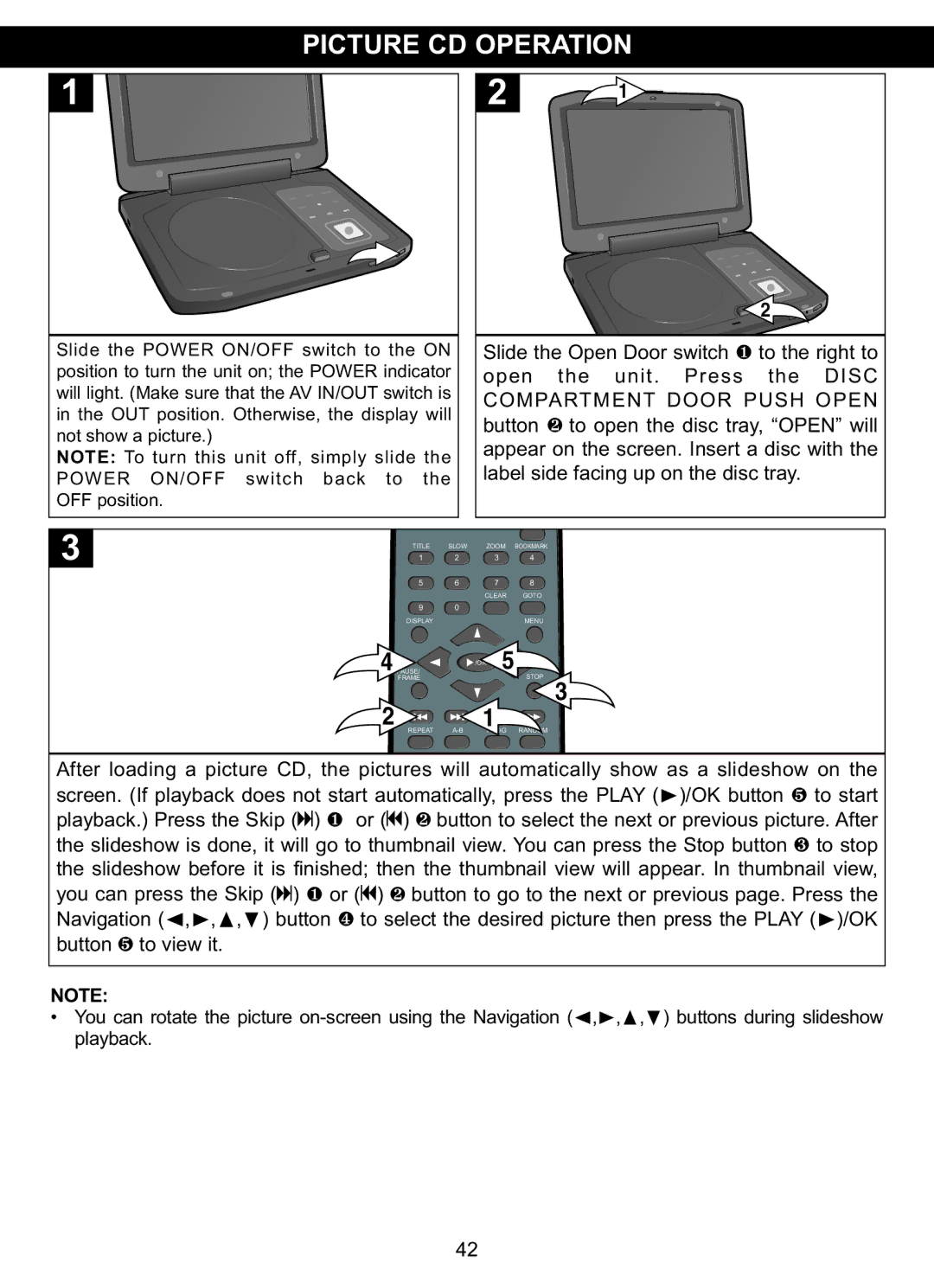 Memorex MVDP1102 manual Picture CD Operation, Slide the Open Door switch 1 to the right to 