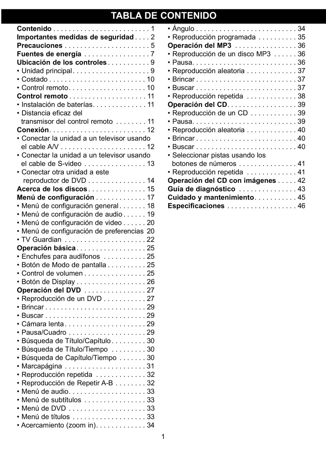 Memorex MVDP1102 manual Tabla DE Contenido, Ubicación de los controles 