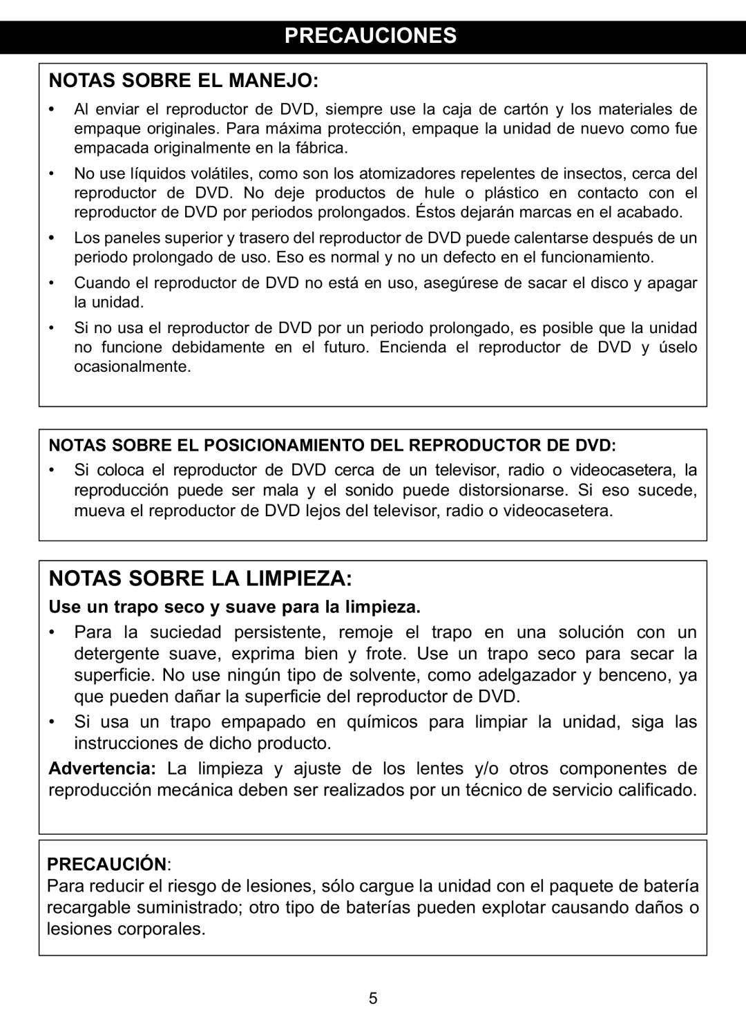 Memorex MVDP1102 Precauciones, Notas Sobre LA Limpieza, Notas Sobre EL Posicionamiento DEL Reproductor DE DVD, Precaución 