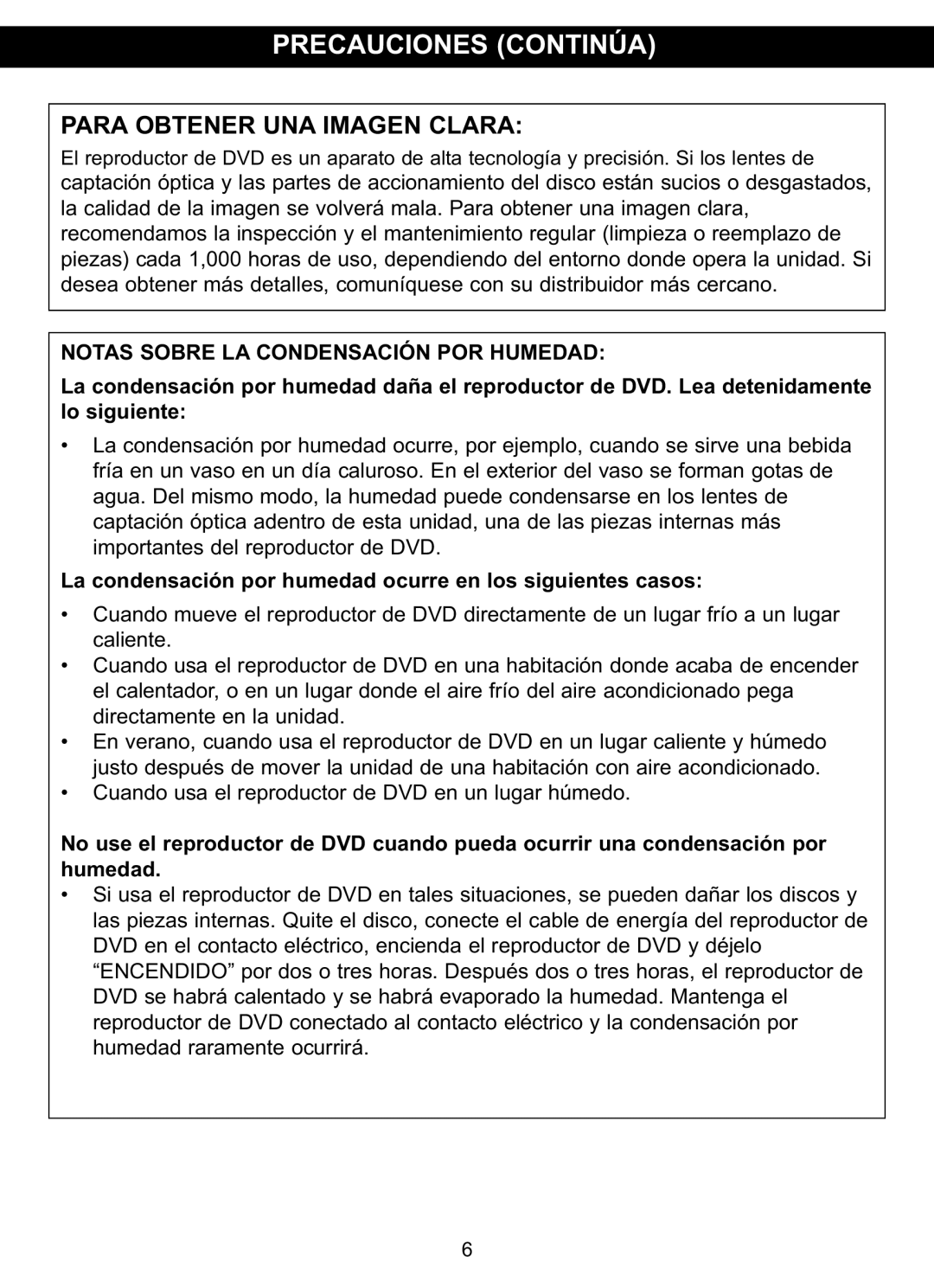 Memorex MVDP1102 manual Precauciones Continúa, Notas Sobre LA Condensación POR Humedad 