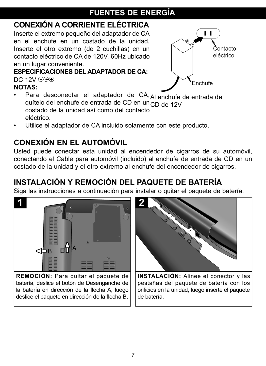 Memorex MVDP1102 manual Fuentes DE Energía, Conexión EN EL Automóvil, Instalación Y Remoción DEL Paquete DE Batería, Notasz 