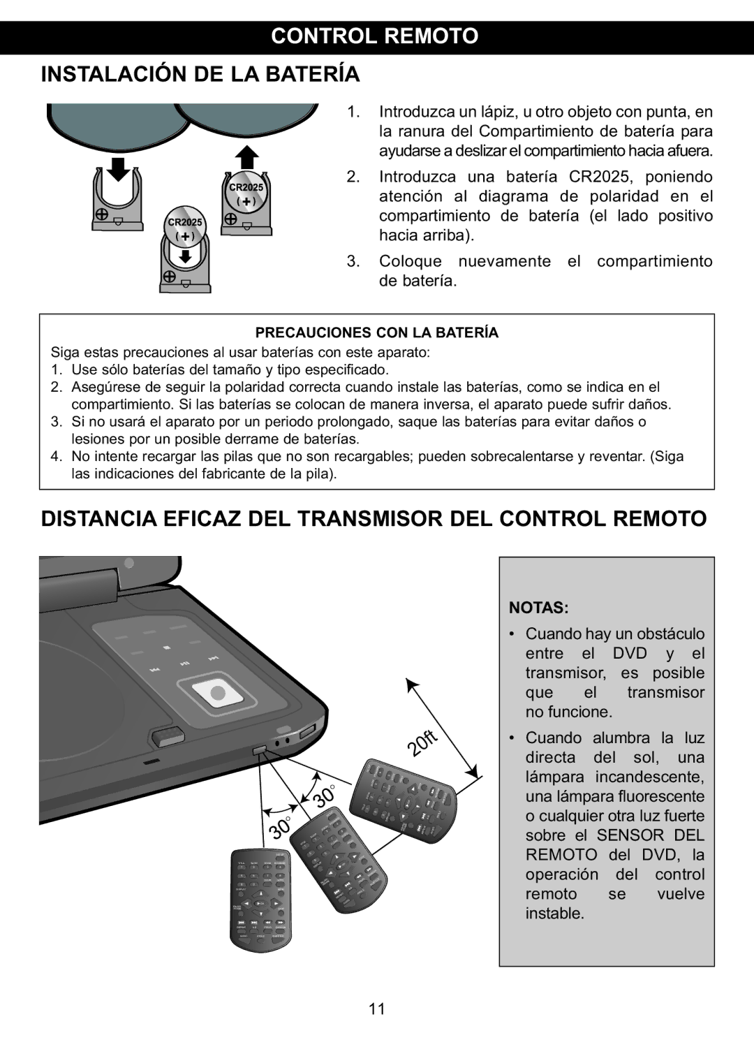 Memorex MVDP1102 manual Instalación DE LA Batería, Distancia Eficaz DEL Transmisor DEL Control Remoto, Notas 