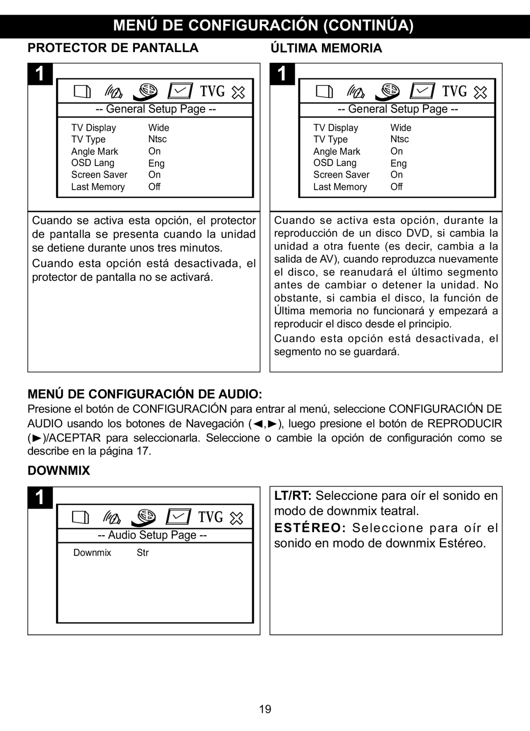 Memorex MVDP1102 Menú DE Configuración Continúa, Protector DE Pantalla Última Memoria, Menú DE Configuración DE Audio 