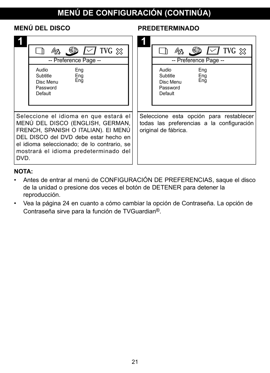 Memorex MVDP1102 manual Menú DEL Disco Predeterminado, Nota, Menú DEL Disco ENGLISH, German, Dvd 